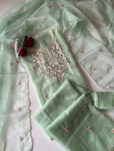 Green thread Embroidery unstitched suit