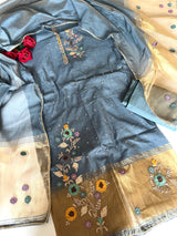 Blue Floral Embroidery tissue Jamdani Dress material