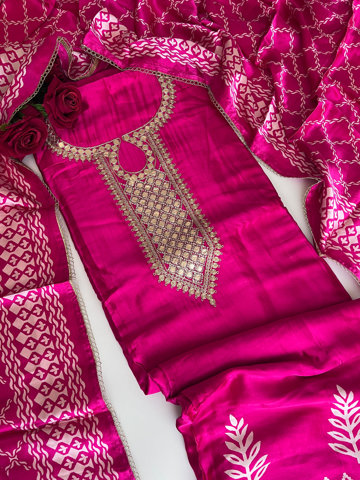 Pink Gajji Silk With gotta work neck Unstitched suit