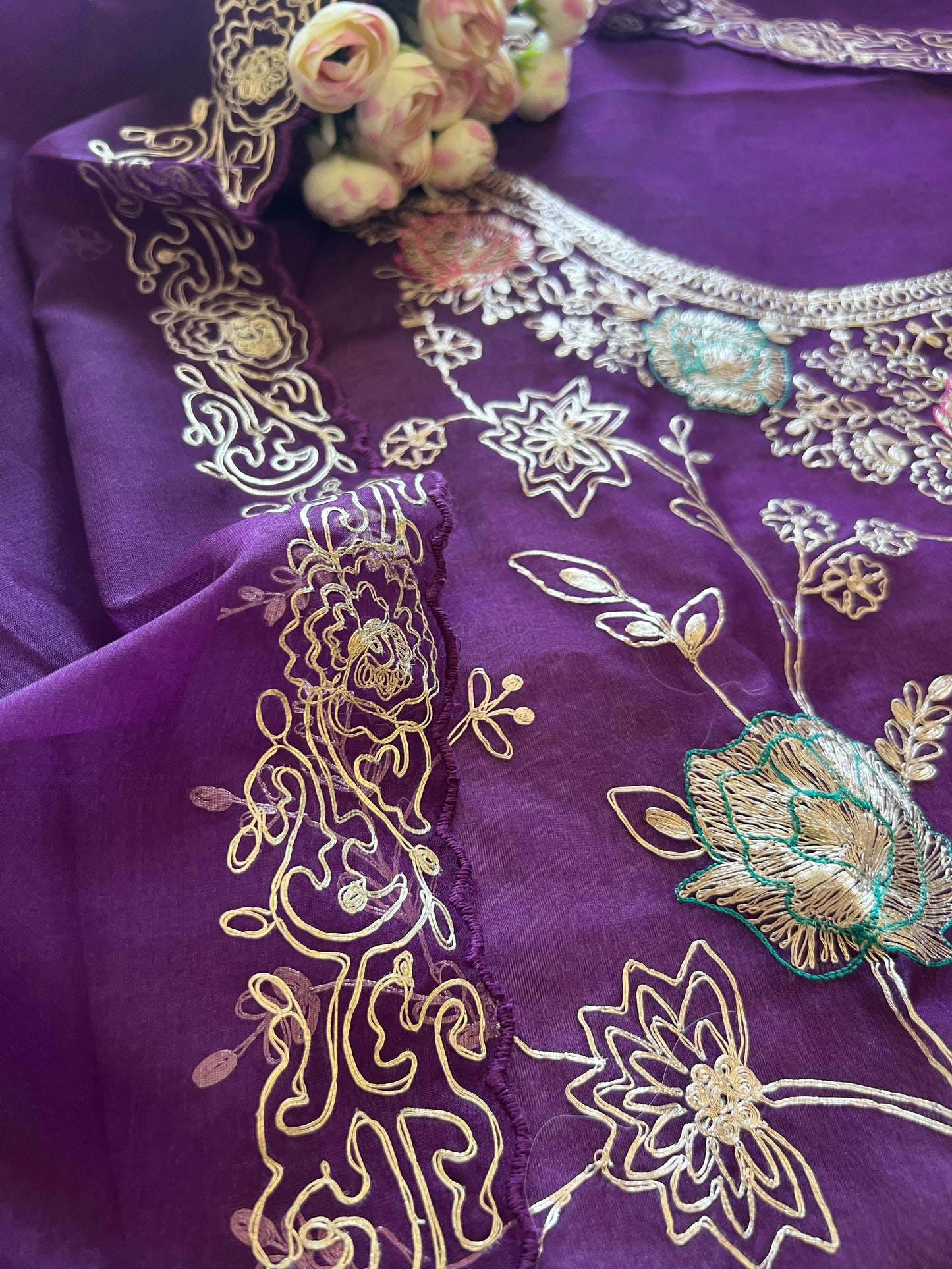 Pure Silk Organza Full embroidered premium unstitched suit in Purple