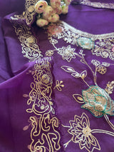 Pure Silk Organza Full embroidered premium unstitched suit in Purple