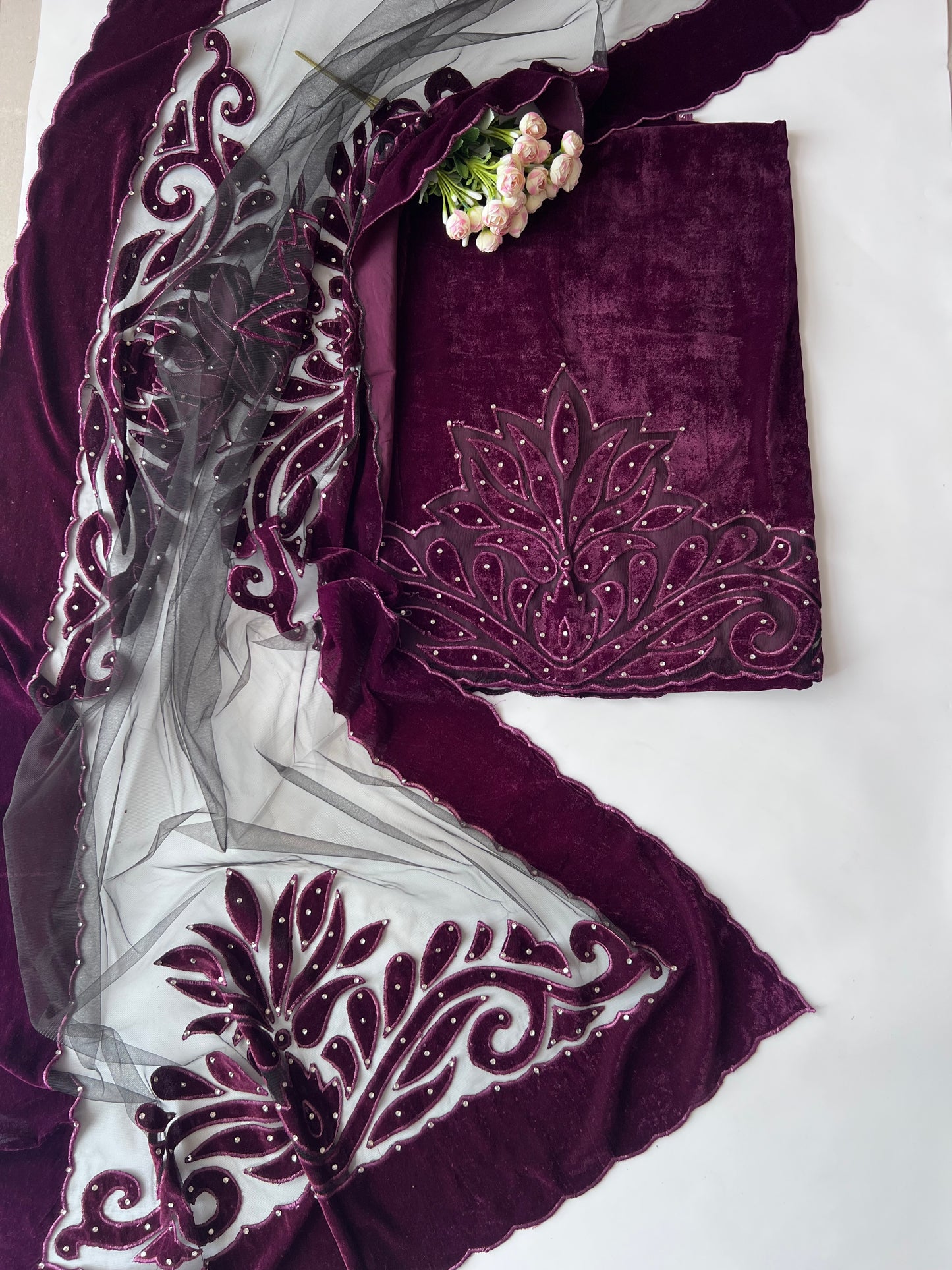 Wine color Velvet cut work designer party wear unstitched suit set