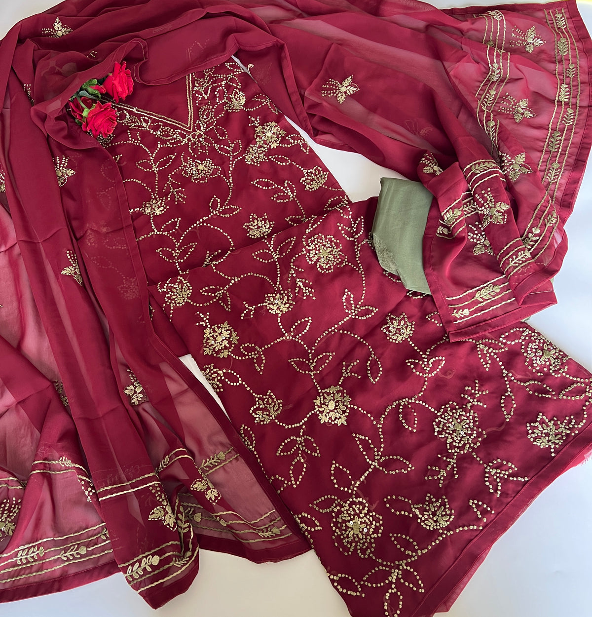 Maroon Georgette Knot Embroidery Unstitched suit set 3 pc