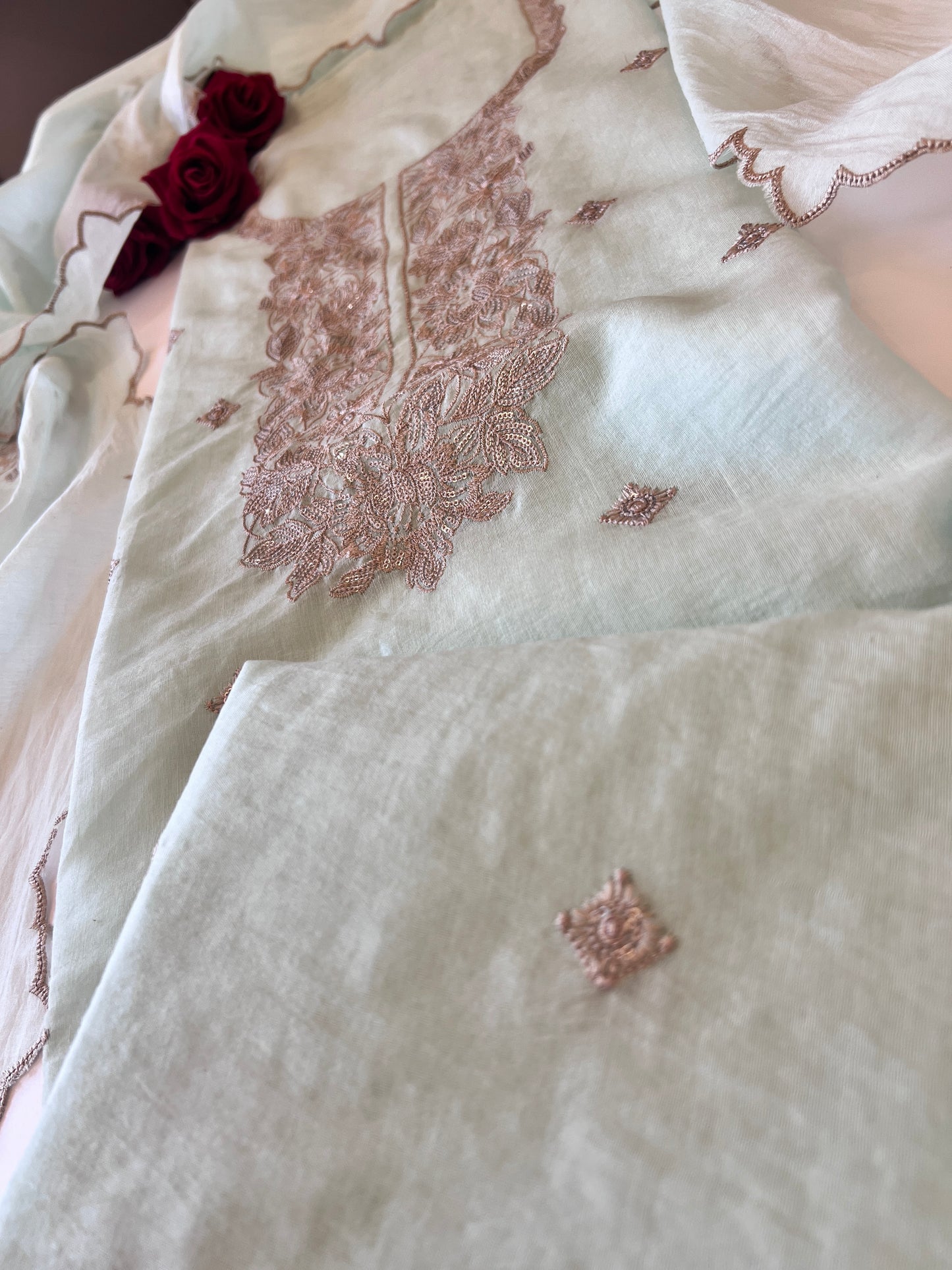 Pastel Blue Mul Chanderi Sequin embroidered Unstitched Suit