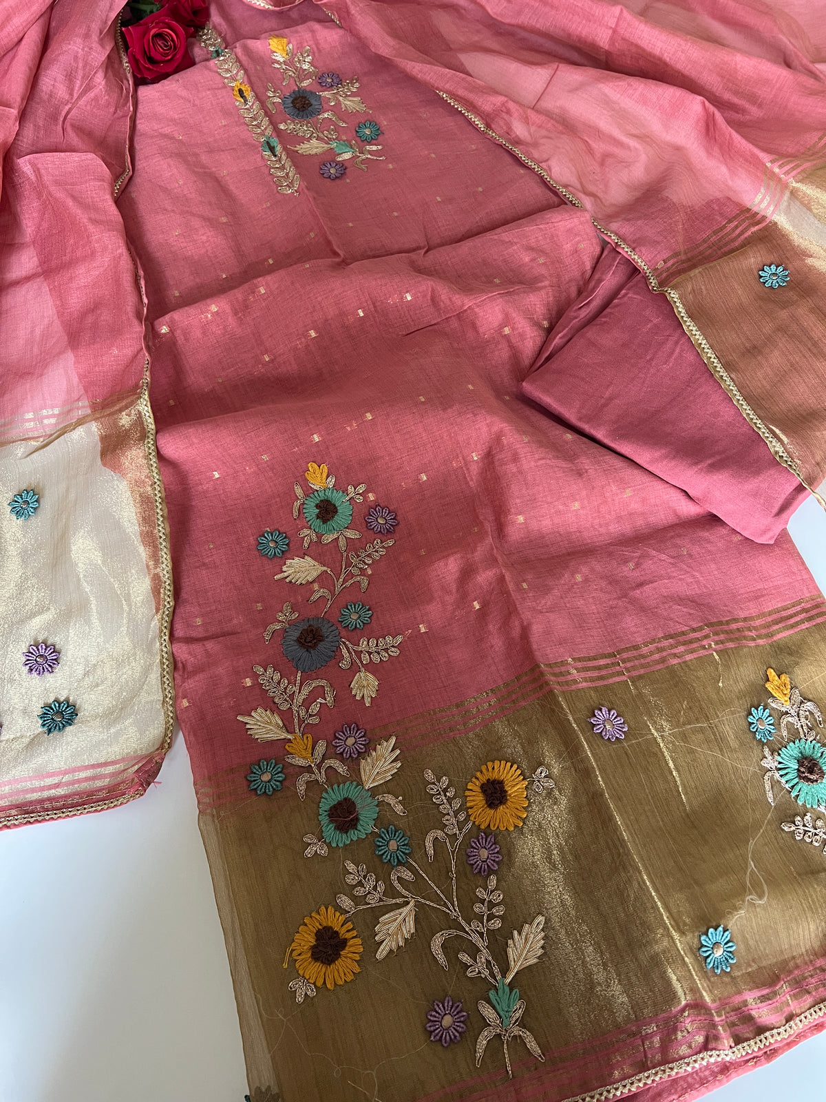 Pink Floral Embroidery tissue Jamdani Dress material