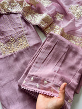 Lilac Mul Chanderi Handwork with Parsi dupatta Unstitched Suit set