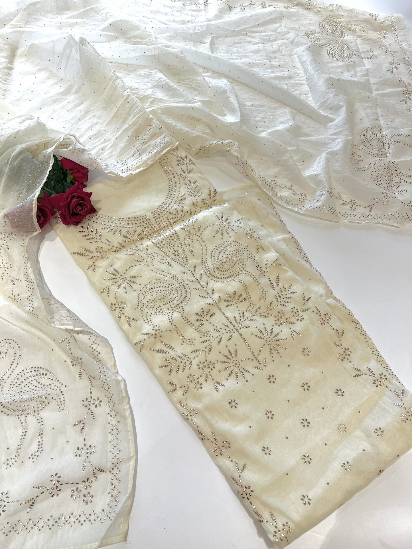 Off White Mul Chanderi dress material with mukaish -Flamingo