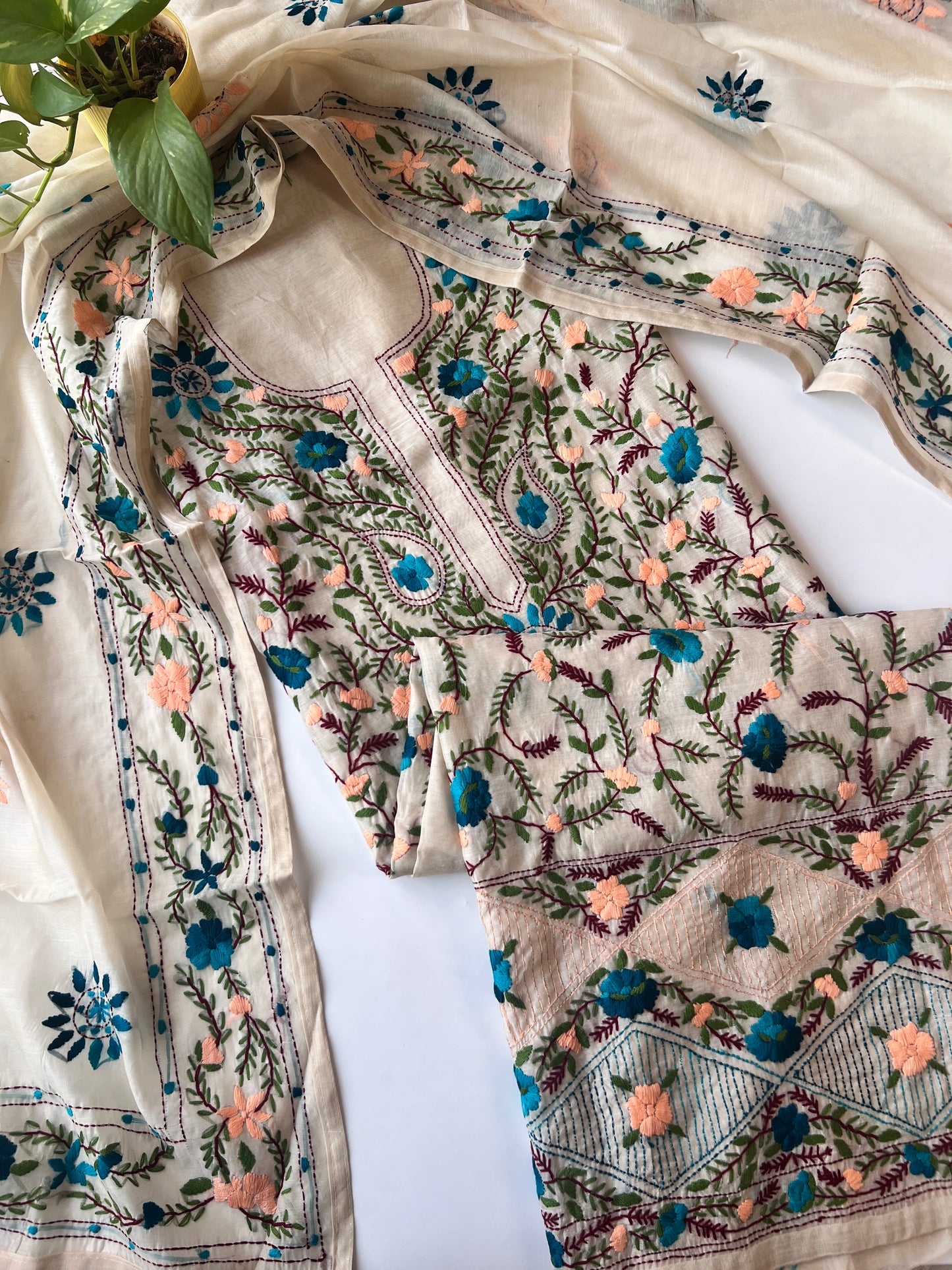 Chanderi Phulkari embroidery Unstitched suit material