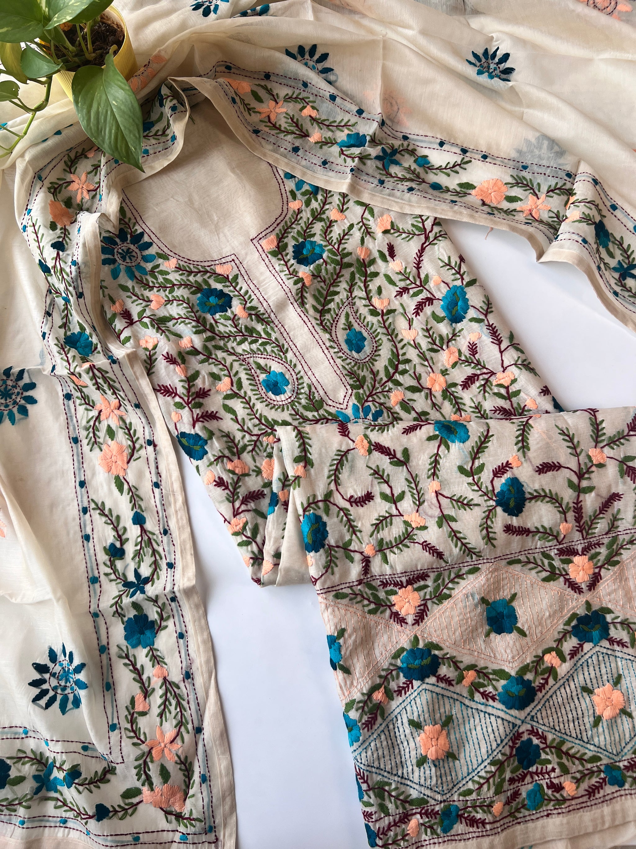 Chanderi Phulkari embroidery Unstitched suit material