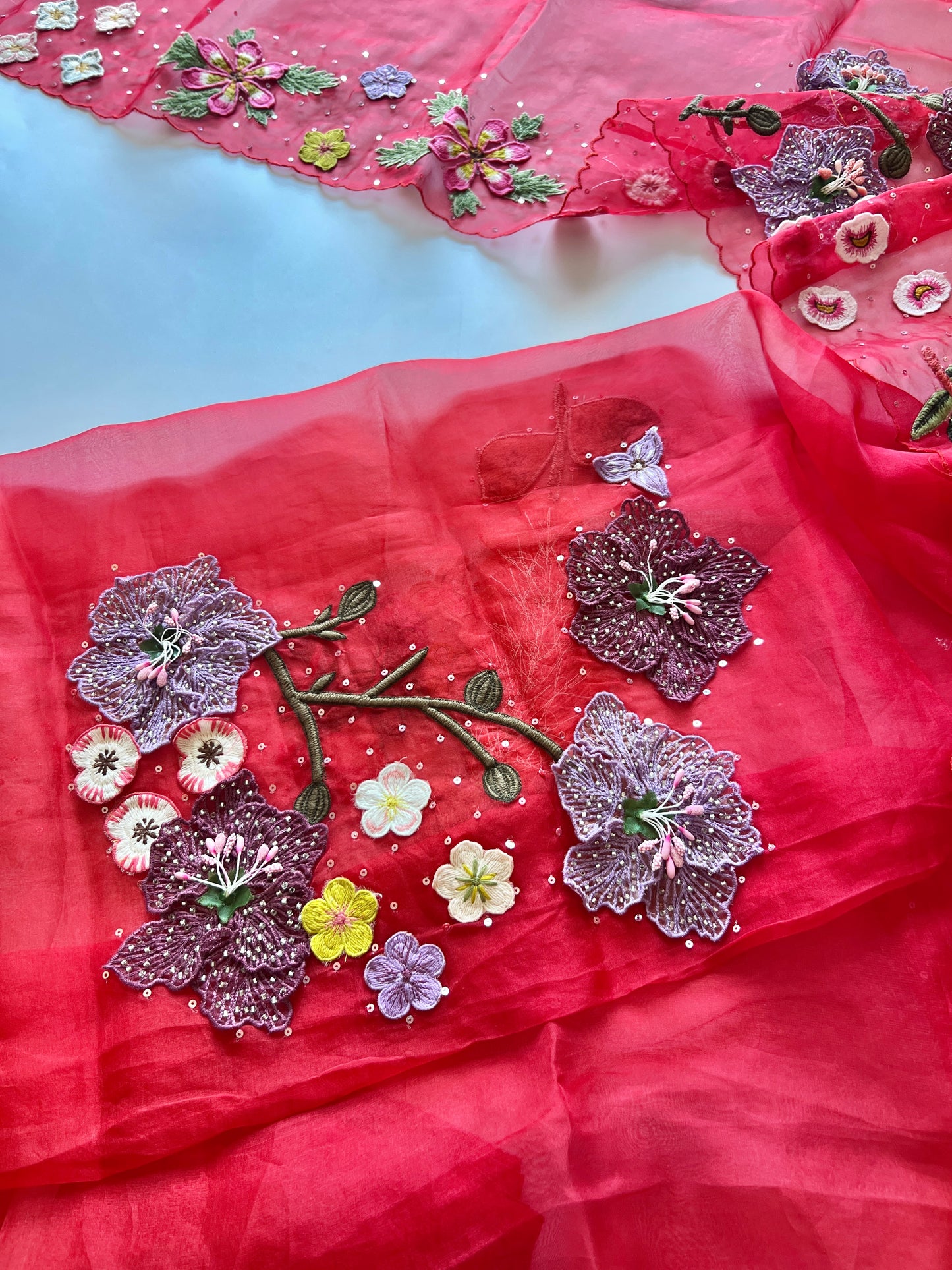 Red Fairy tale Embroidery on Organza premium unstitched dress material with 3D floral work