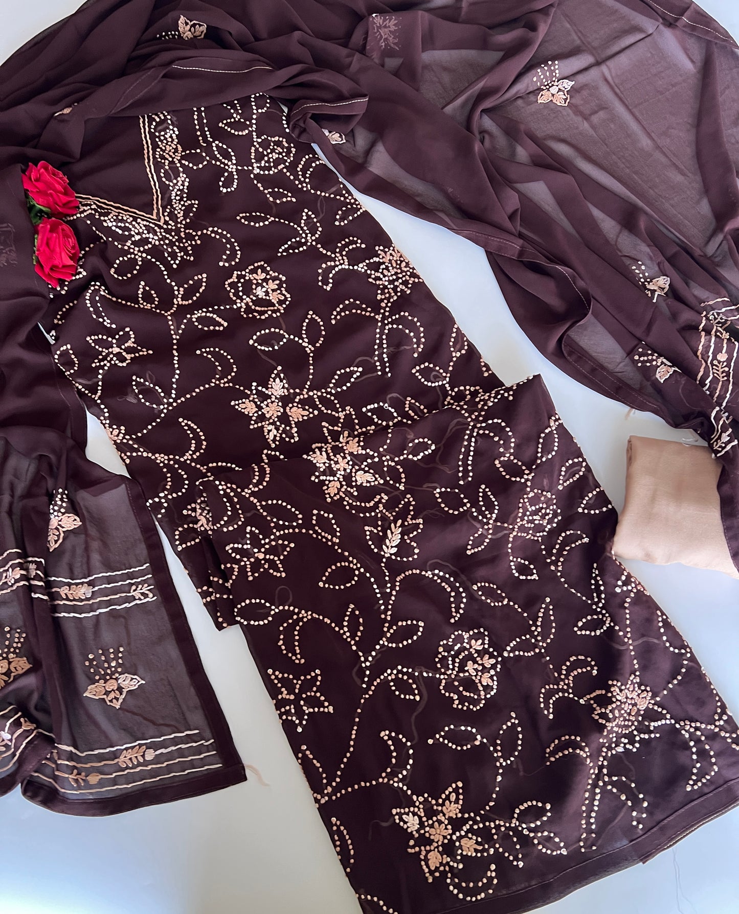 Brown Georgette Knot Embroidery Unstitched suit set 3 pc