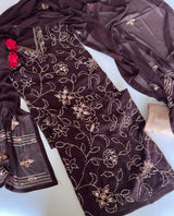 Brown Georgette Knot Embroidery Unstitched suit set 3 pc