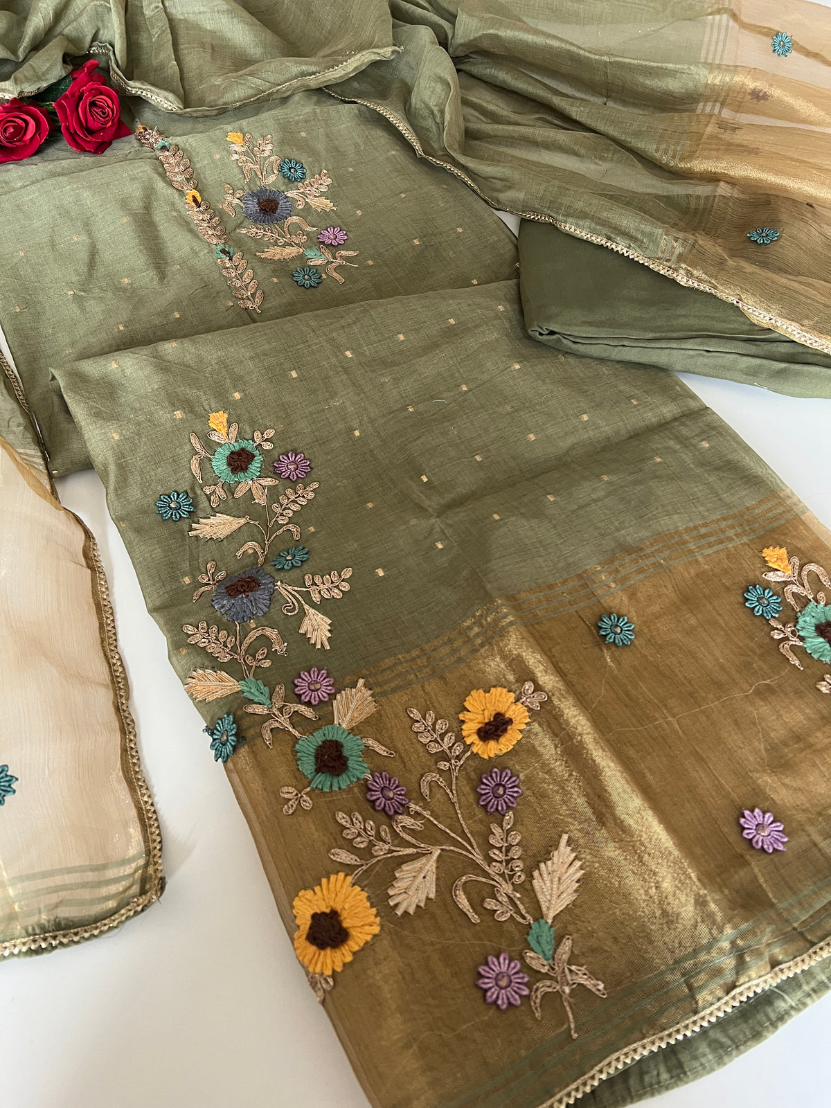 Olive Green Floral Embroidery tissue Jamdani Dress material
