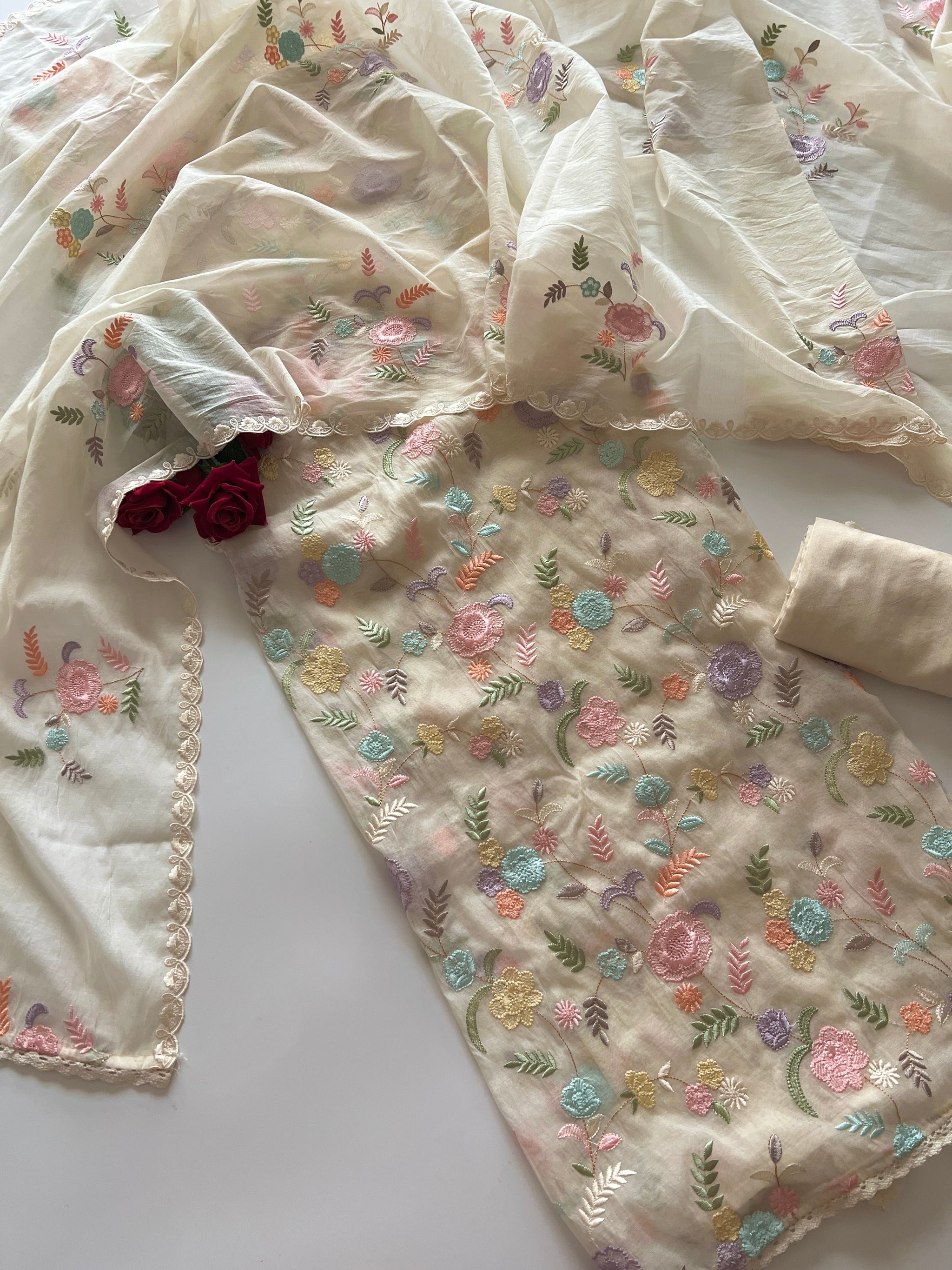 Mul Chanderi Thread embroidered Unstitched Suit