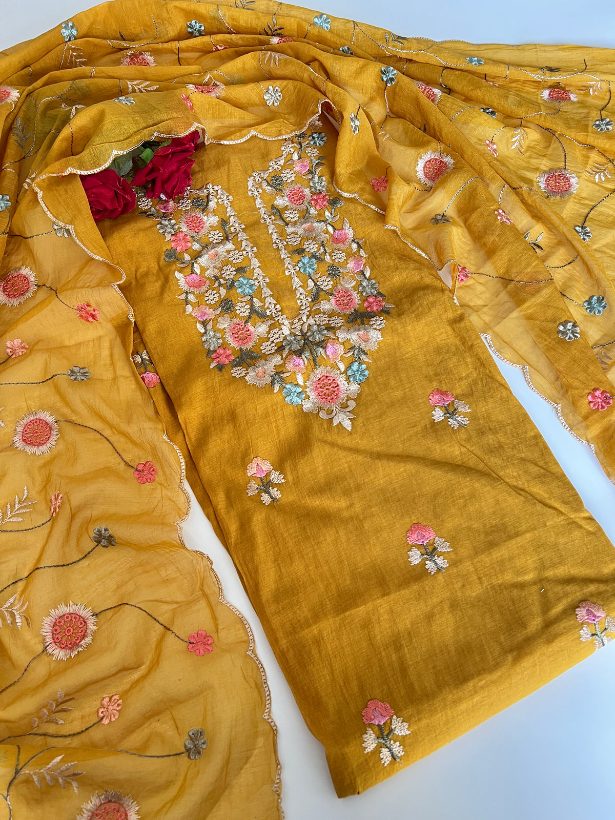 Yellow Mul chanderi full embroidery dupatta thread work unstitched suit