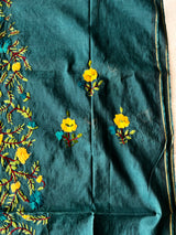 Peacock color Chanderi Phulkari embroidery Unstitched suit material