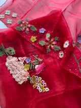 Red Fairy tale Embroidery on Organza premium unstitched dress material with 3D floral work