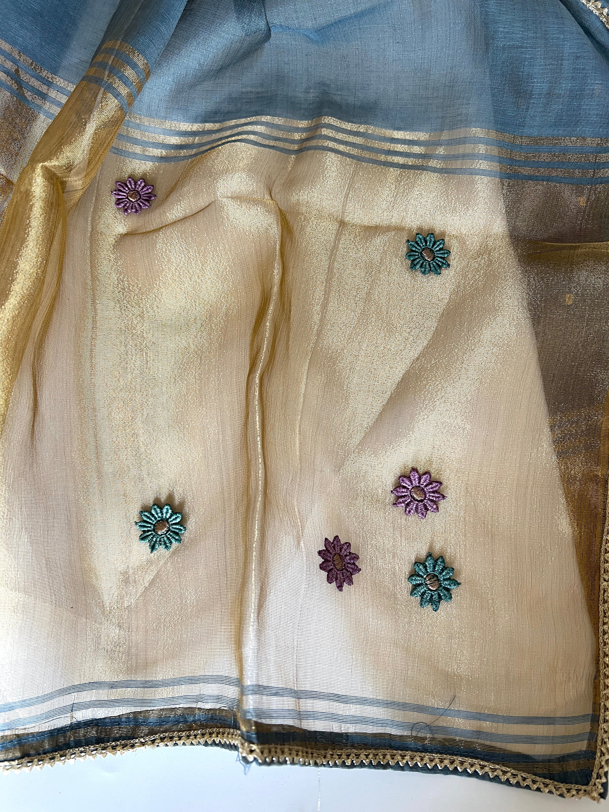 Blue Floral Embroidery tissue Jamdani Dress material