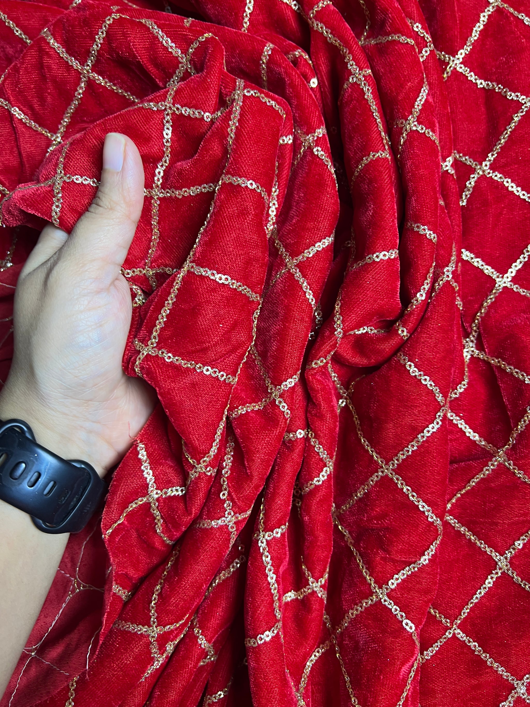 Red velvet sequin embroidered fabric