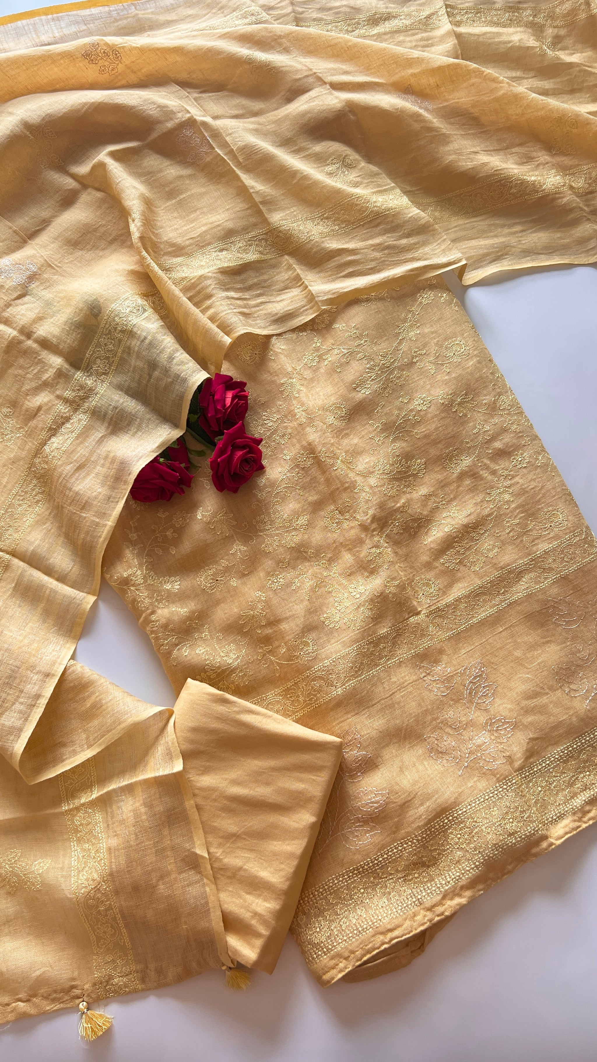 Yellow Pure Linen embroidered premium unstitched dress material