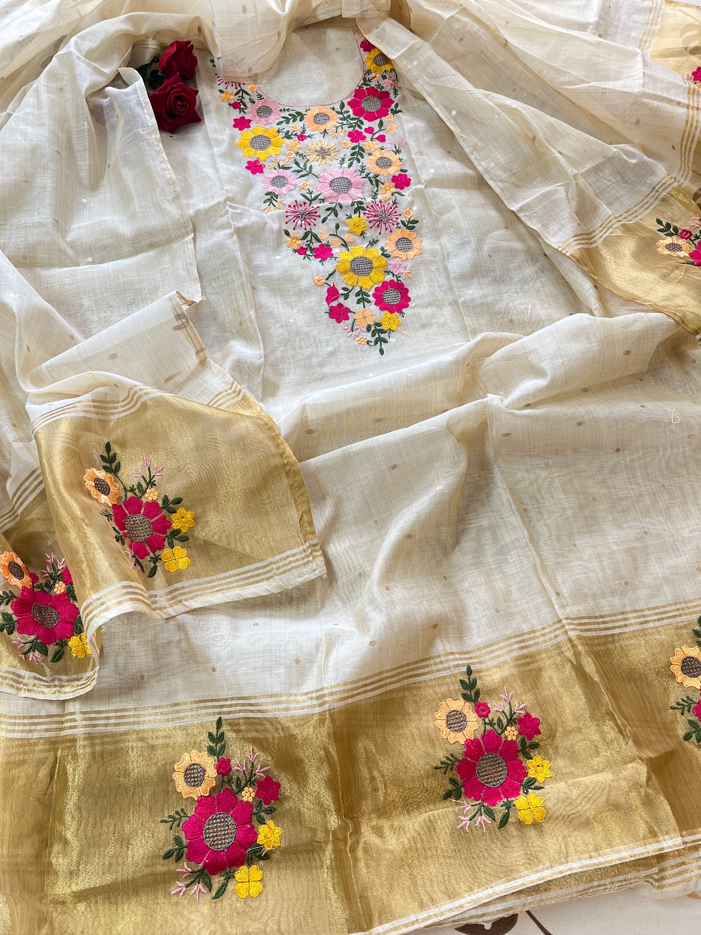 Sunflower Embroidery tissue Jamdani Dress material