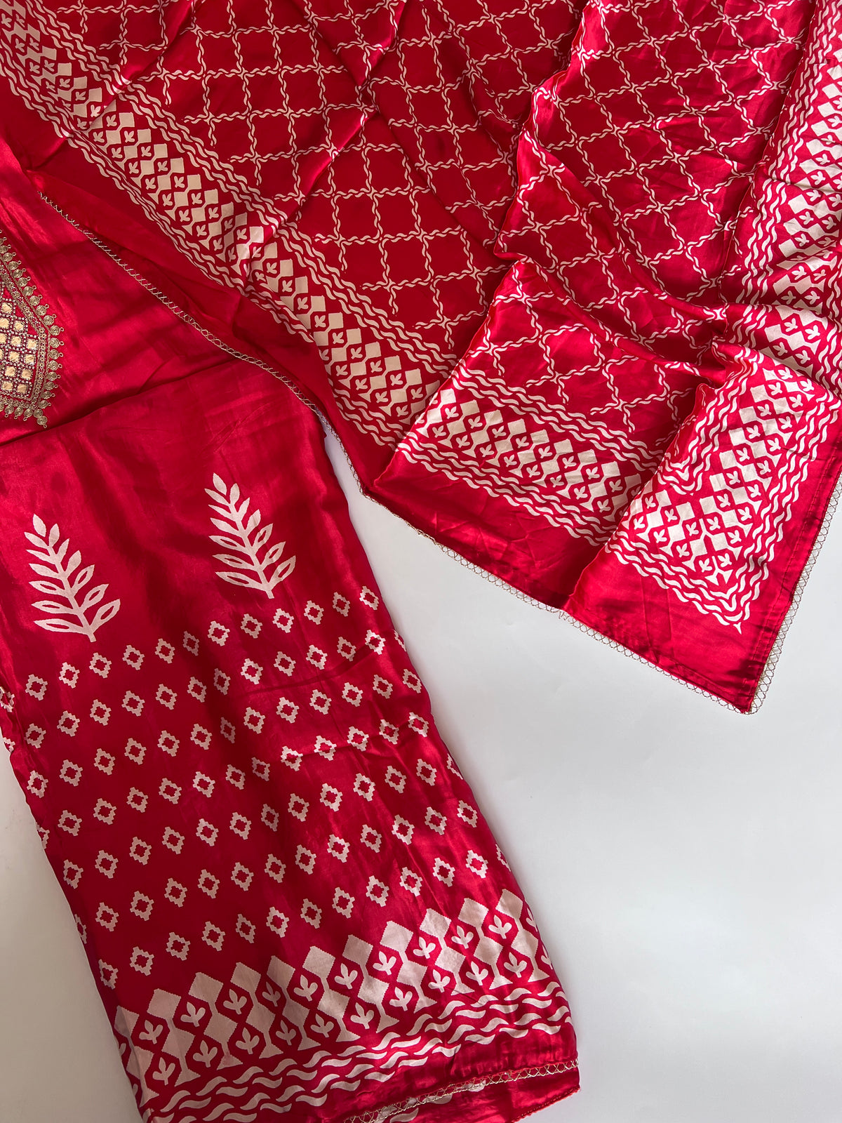 Red Gajji Silk With gotta work neck Unstitched suit