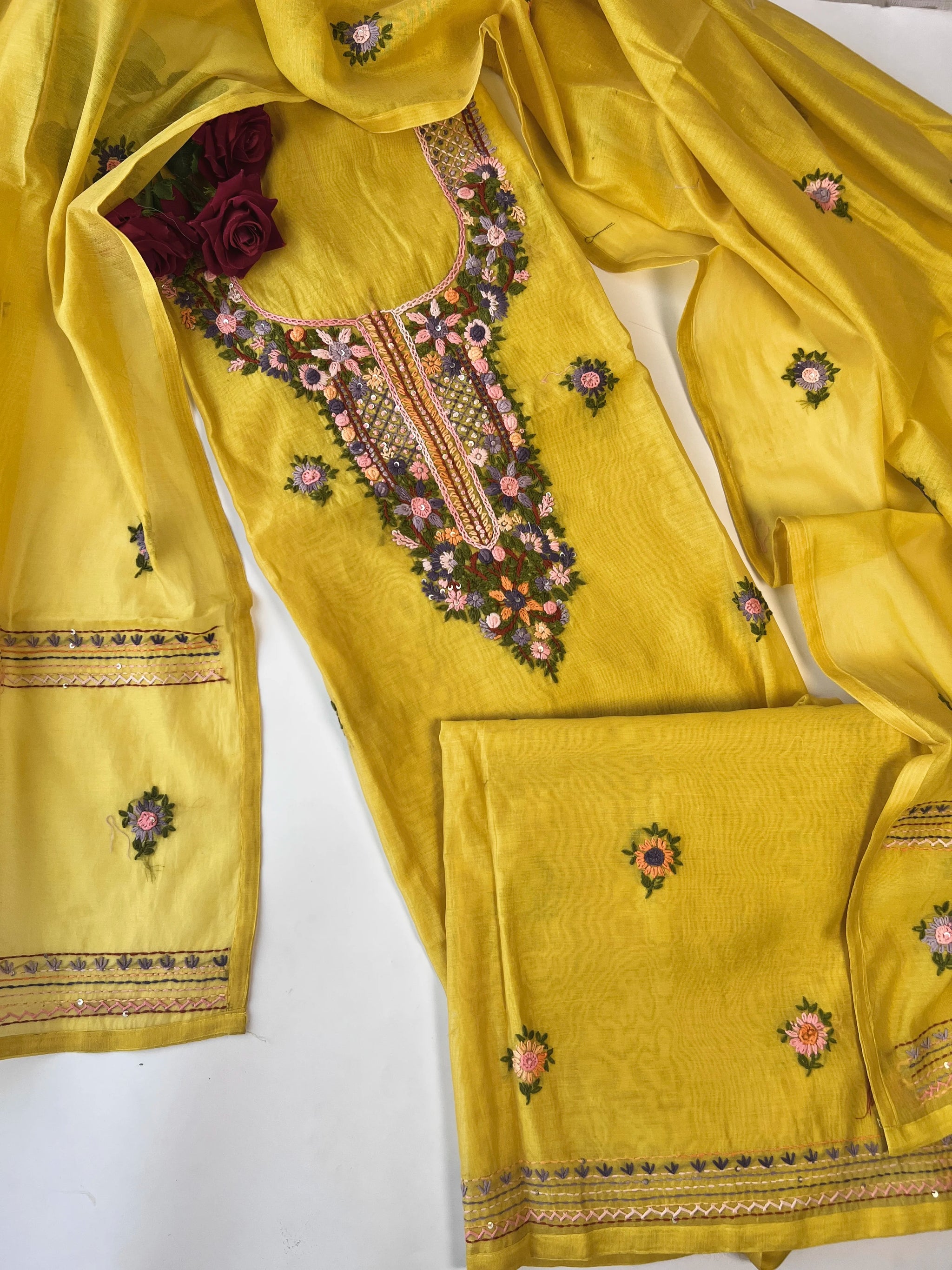 Chanderi knot embroidery Unstitched suit material