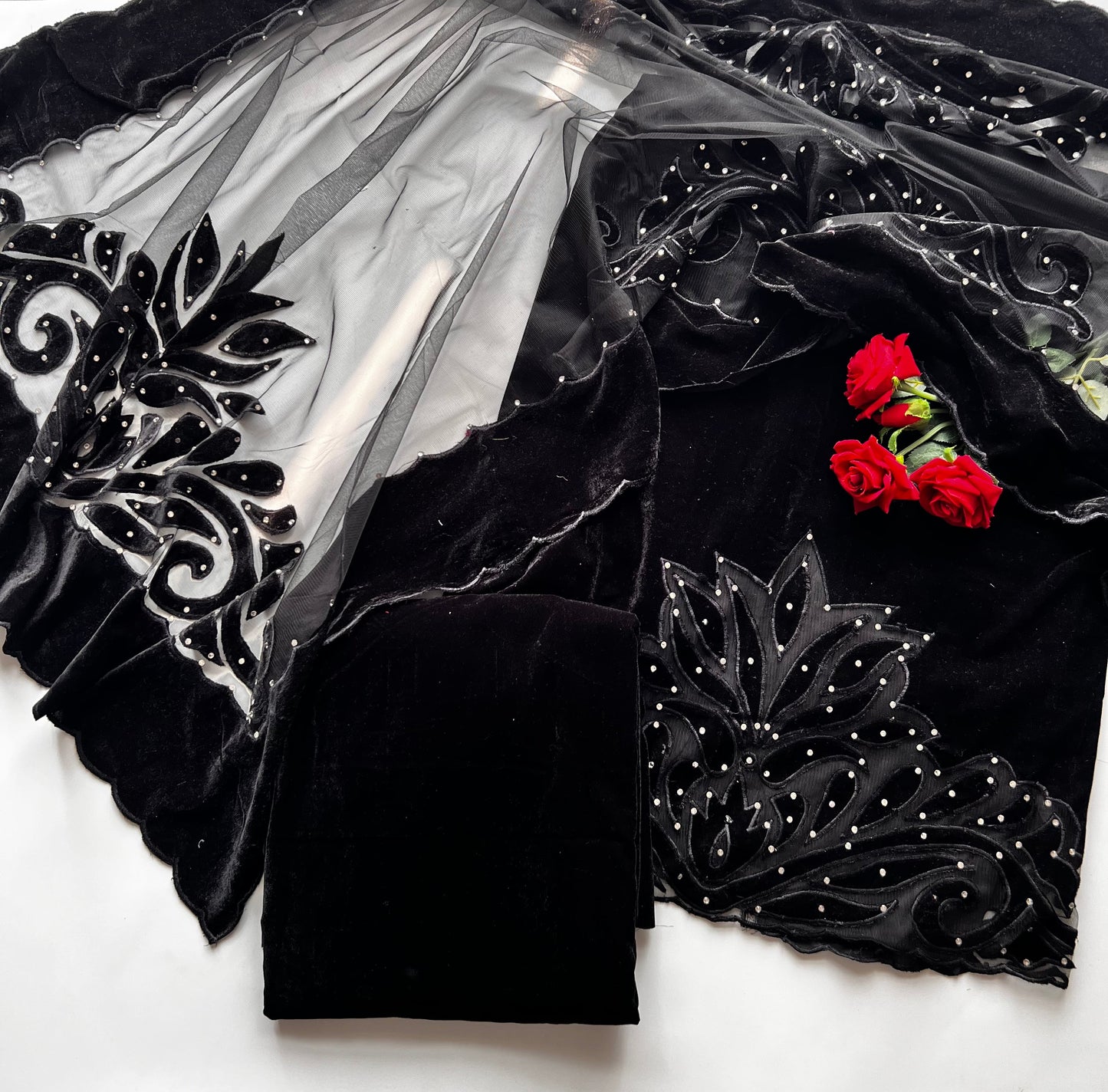 Black Velvet cut work designer party wear unstitched suit set