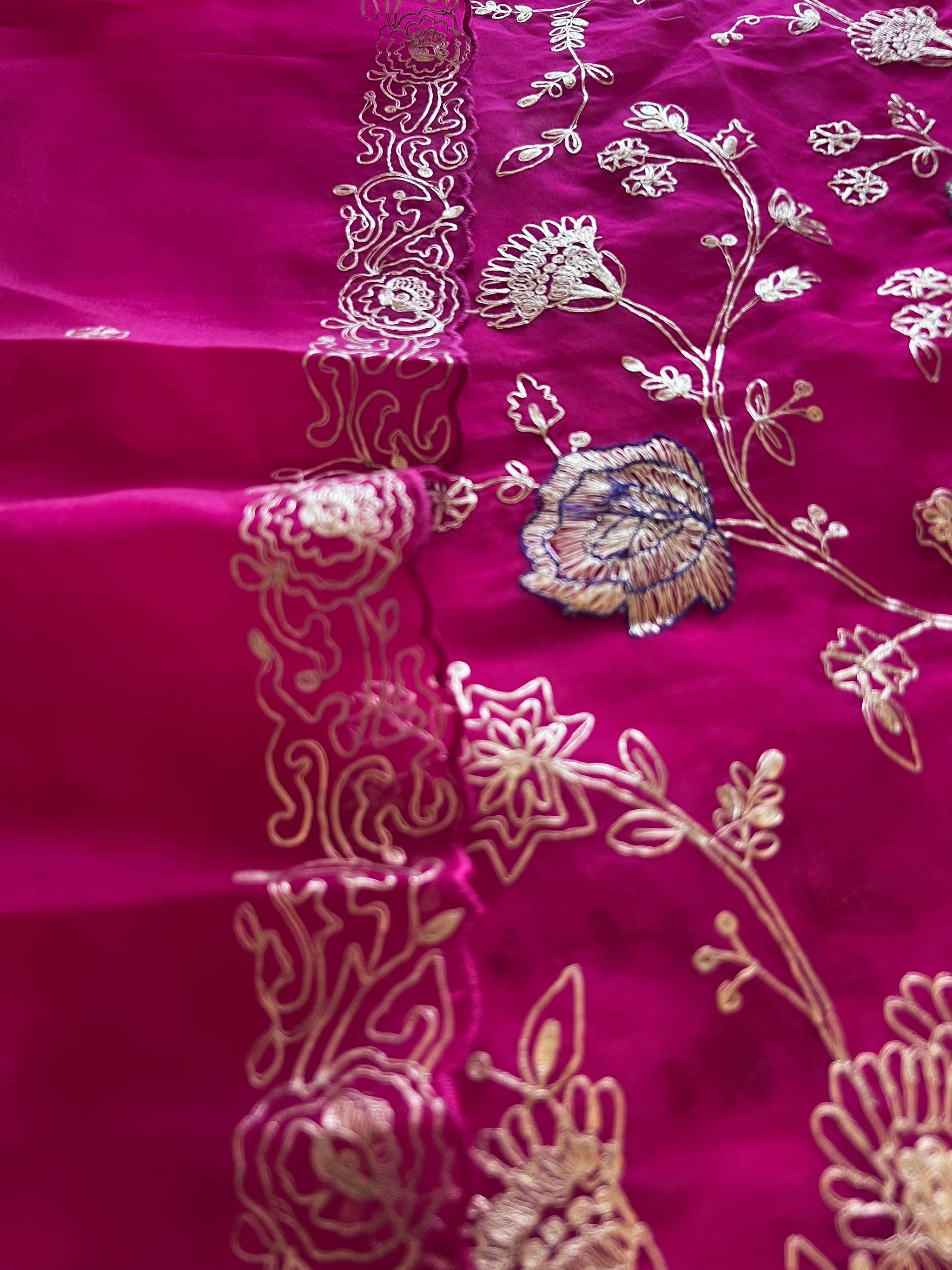 Pure Silk Organza Full embroidered premium unstitched suit in Hot Pink
