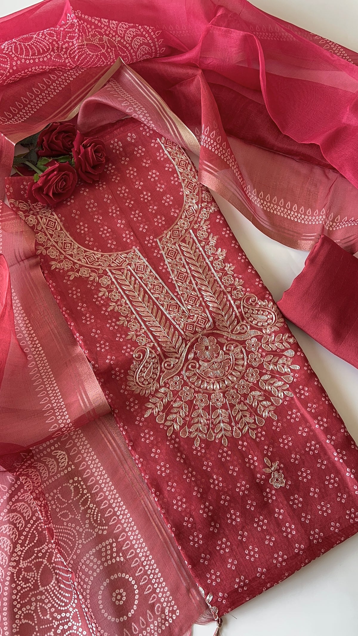 Red soft Organza crepe with Pitta work and bandej