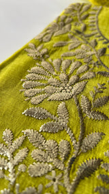 Green Mul Chanderi dress material with pitta and mukaish work