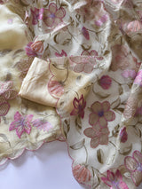 Floral Embroidery on Pure Silk Organza premium unstitched dress material in Pastel Yellow