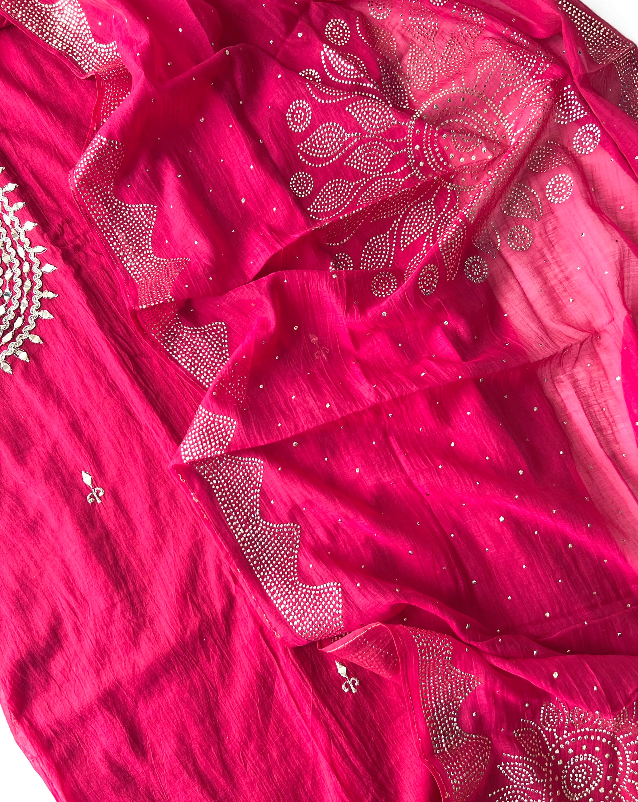 Hot pink Mirror work on Mul Chanderi dress material with mukaish work dupatta
