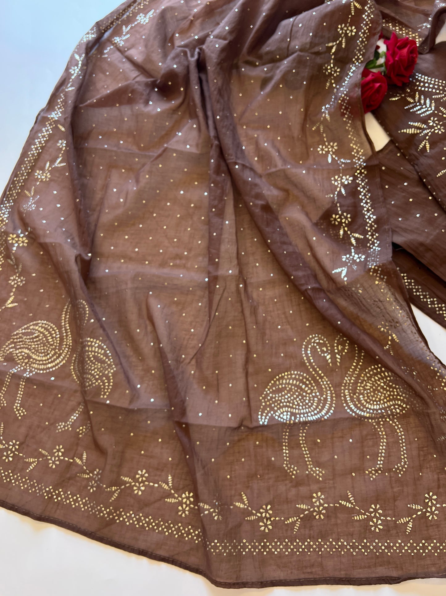 Brown Mul Chanderi dress material with mukaish -Flamingo