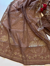 Brown Mul Chanderi dress material with mukaish -Flamingo