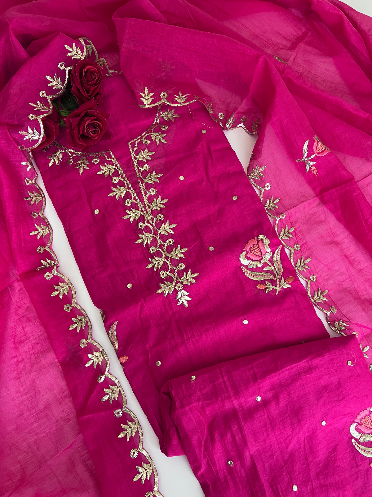 Pink Pitta with thread work on Mul Chanderi dress material - Unstitched Suit set