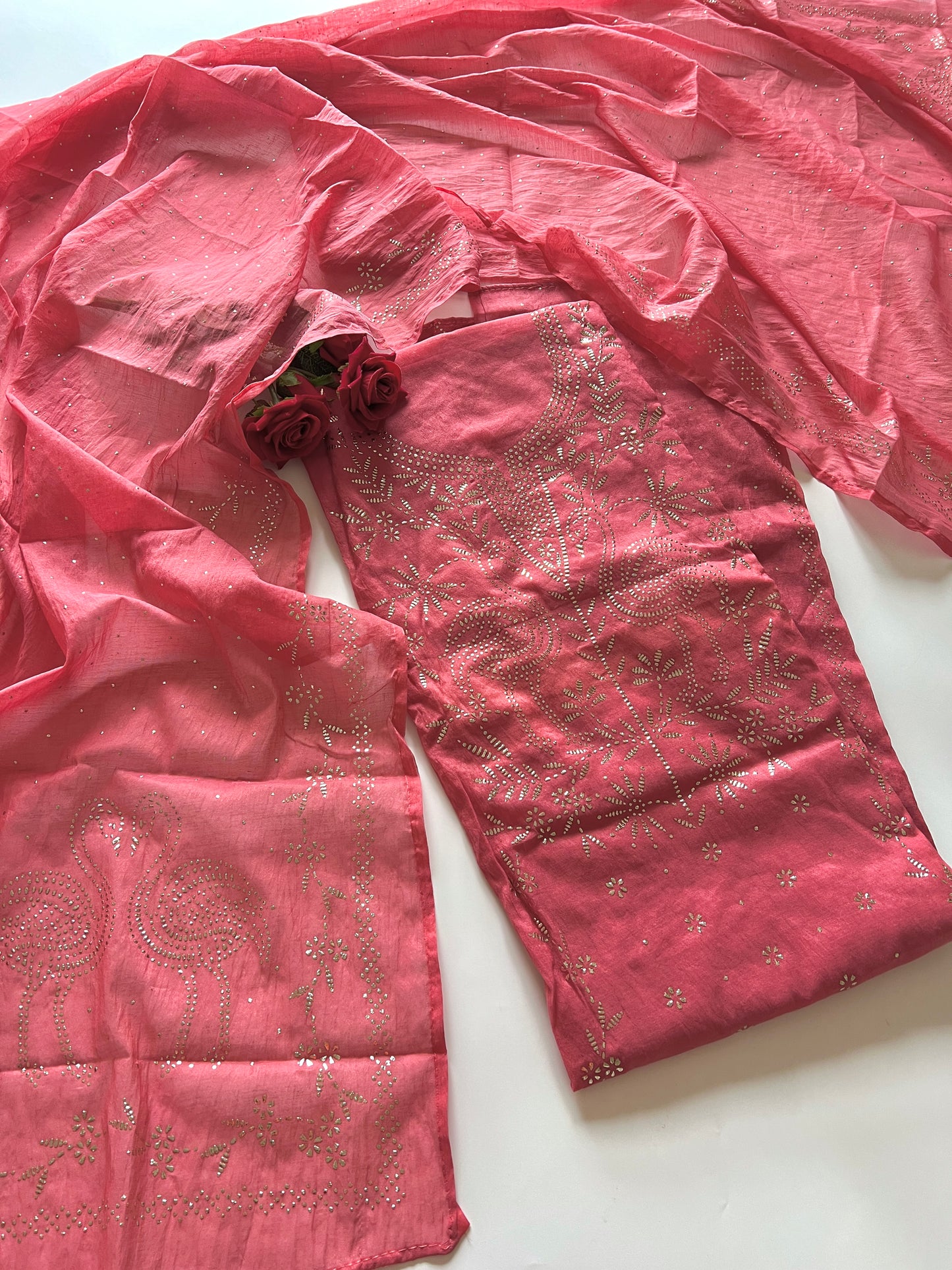 Mul Chanderi dress material with mukaish -Flamingo