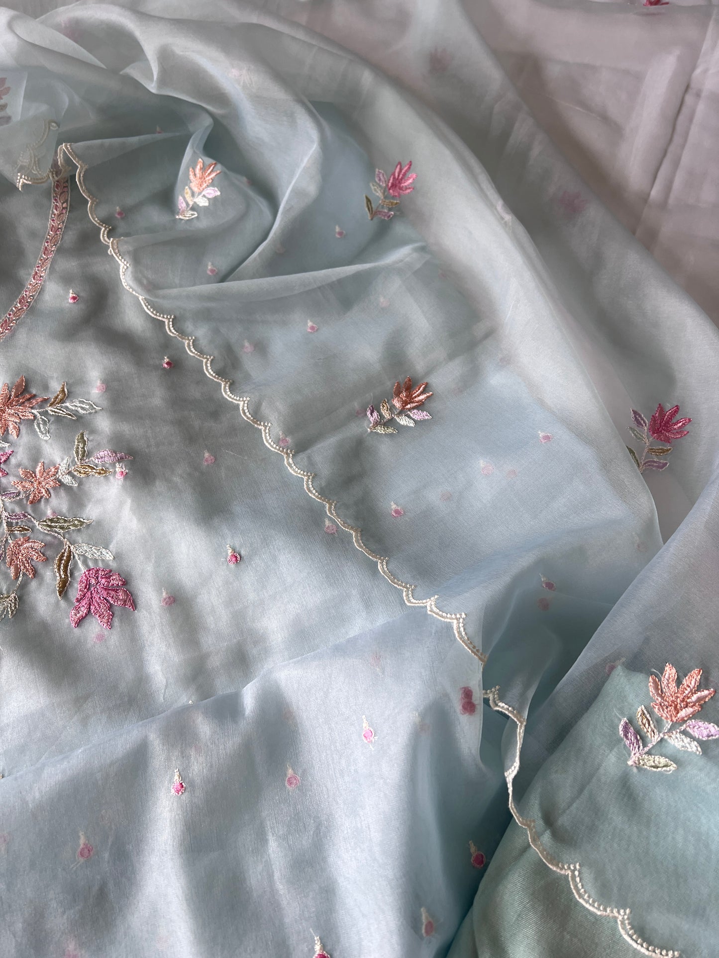 Blue thread Embroidery unstitched suit