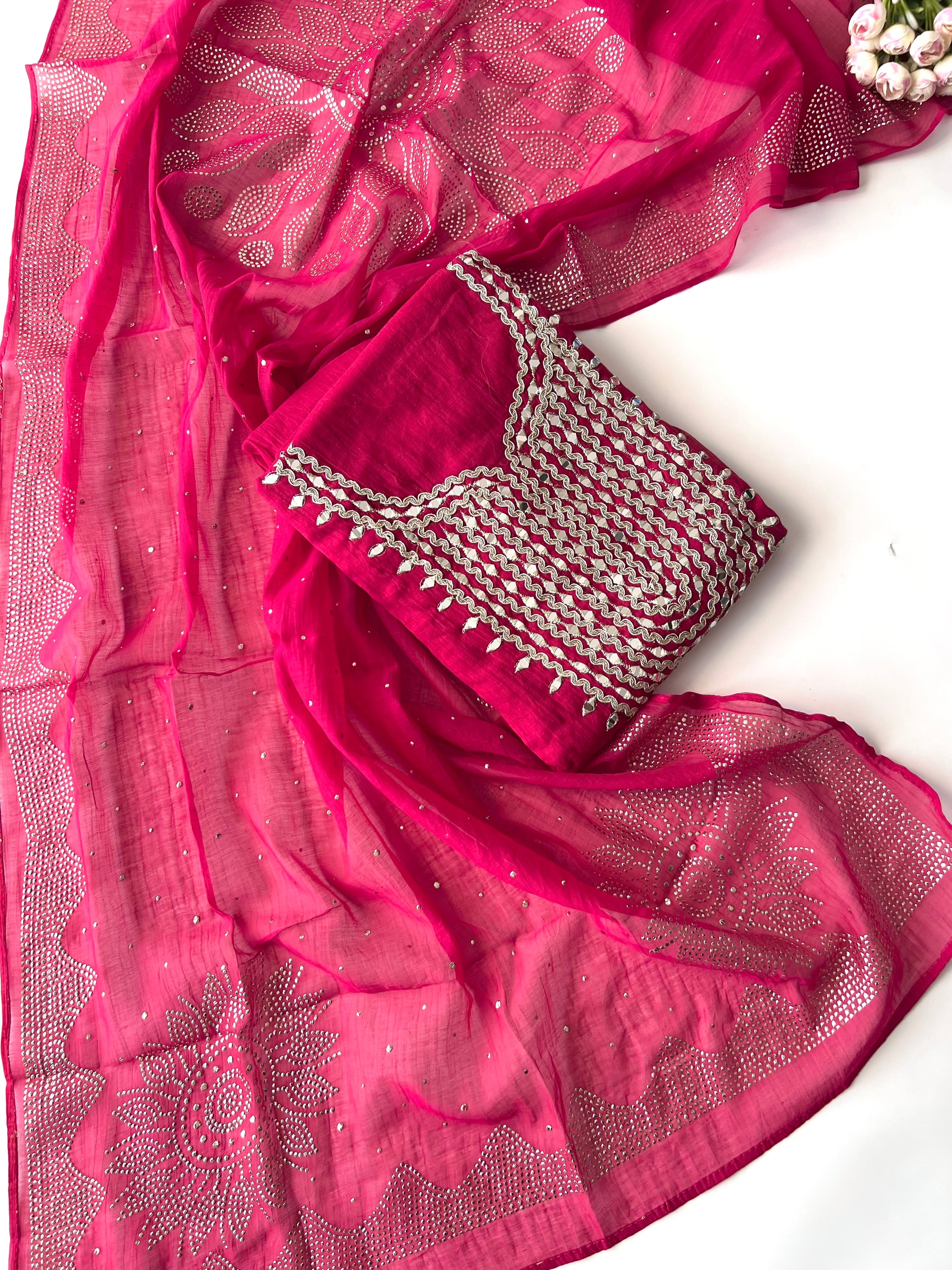 Hot pink Mirror work on Mul Chanderi dress material with mukaish work dupatta