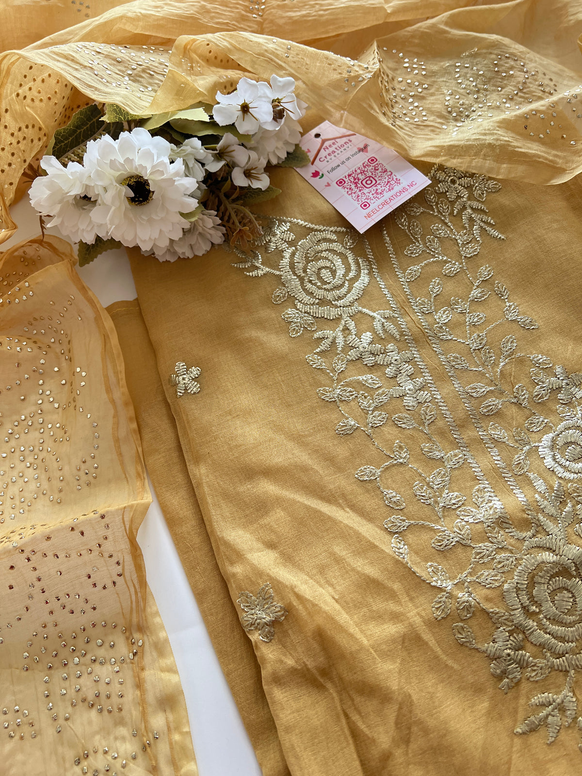 Pastel Yellow Mul Chanderi dress material with pitta and mukaish work dupatta