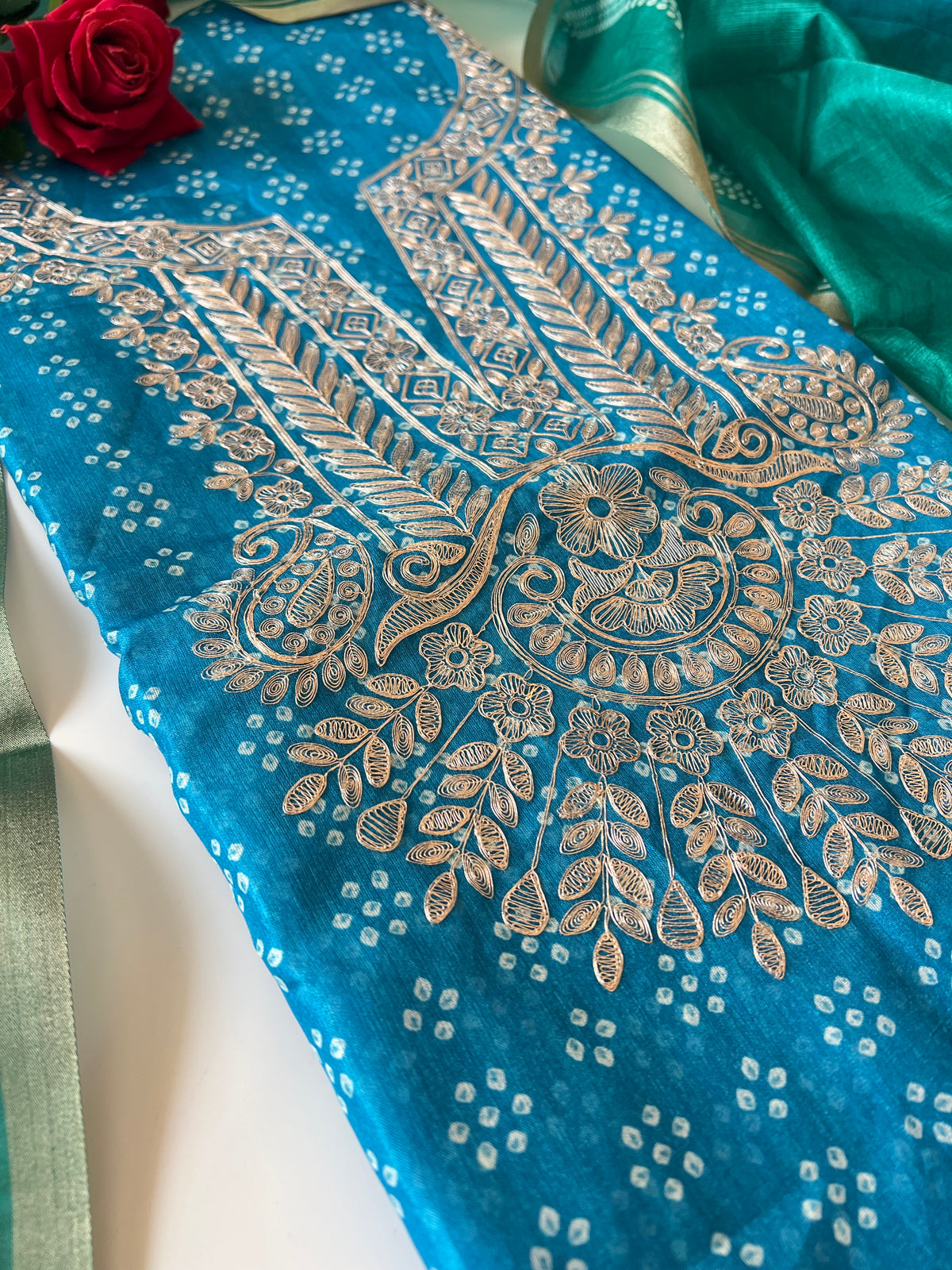 Blue soft Organza crepe with Pitta work and bandej
