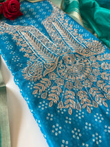 Blue soft Organza crepe with Pitta work and bandej