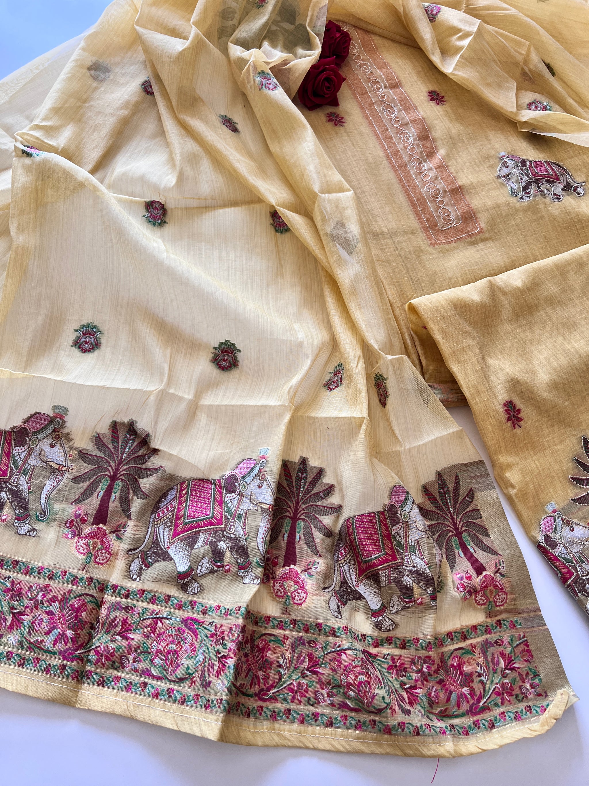 Yellow Cotton Jamdani work dress material unstitched Suit set