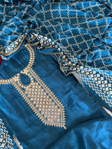 Blue Gajji Silk With gotta work neck Unstitched suit