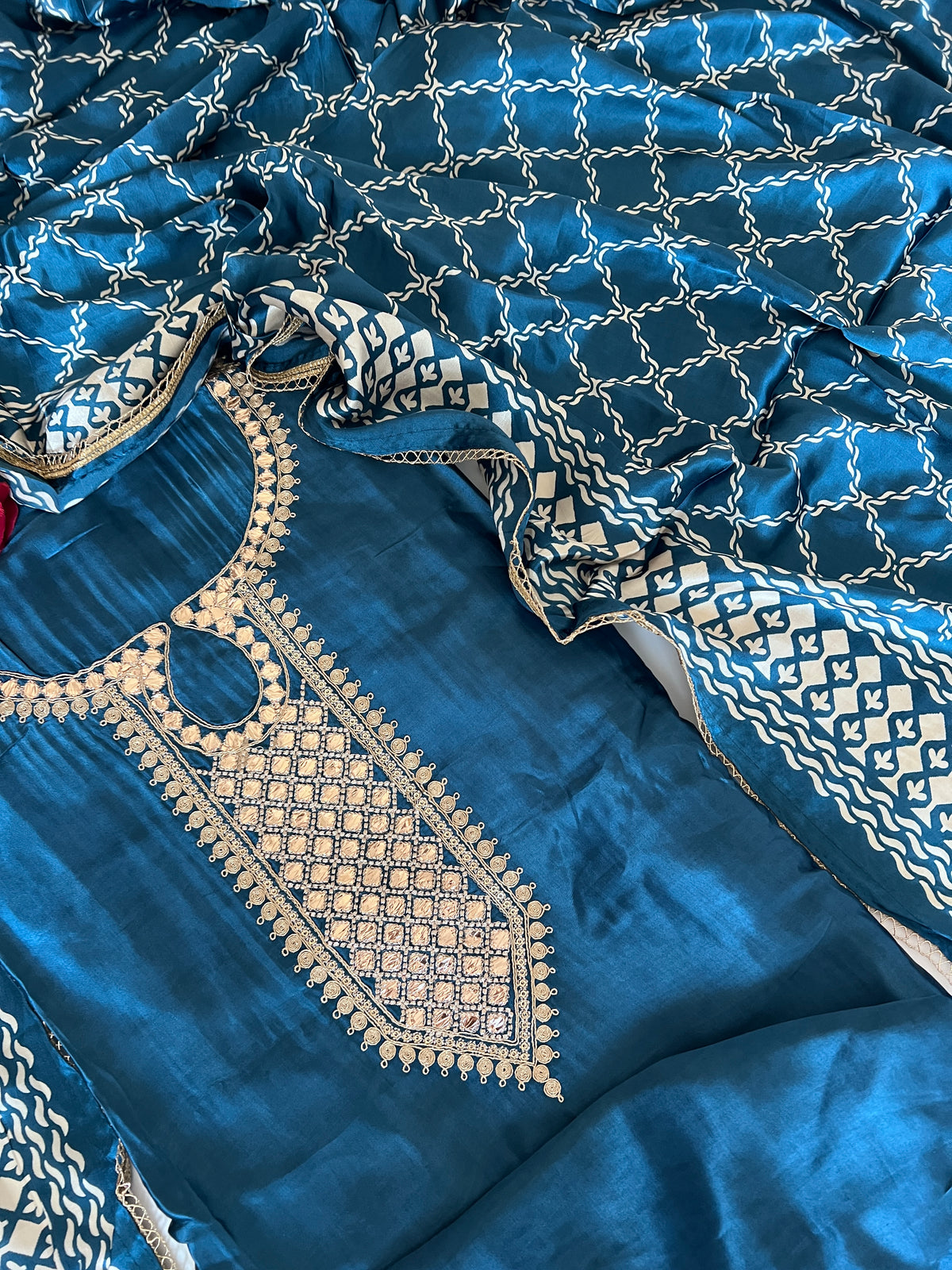 Blue Gajji Silk With gotta work neck Unstitched suit