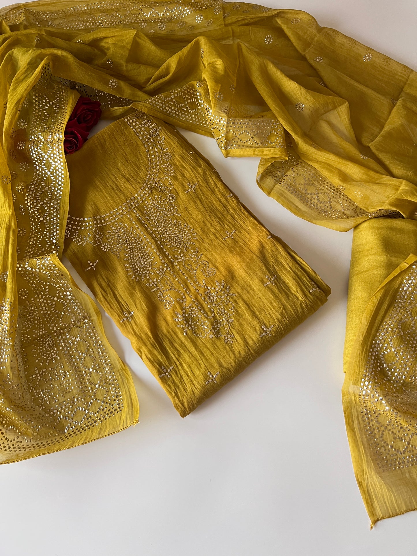 Yellow Mul Chanderi dress material with mukaish