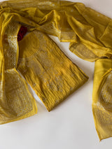 Yellow Mul Chanderi dress material with mukaish