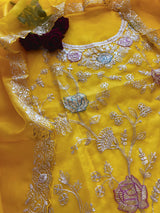 Pure Silk Organza Full embroidered premium unstitched suit in yellow
