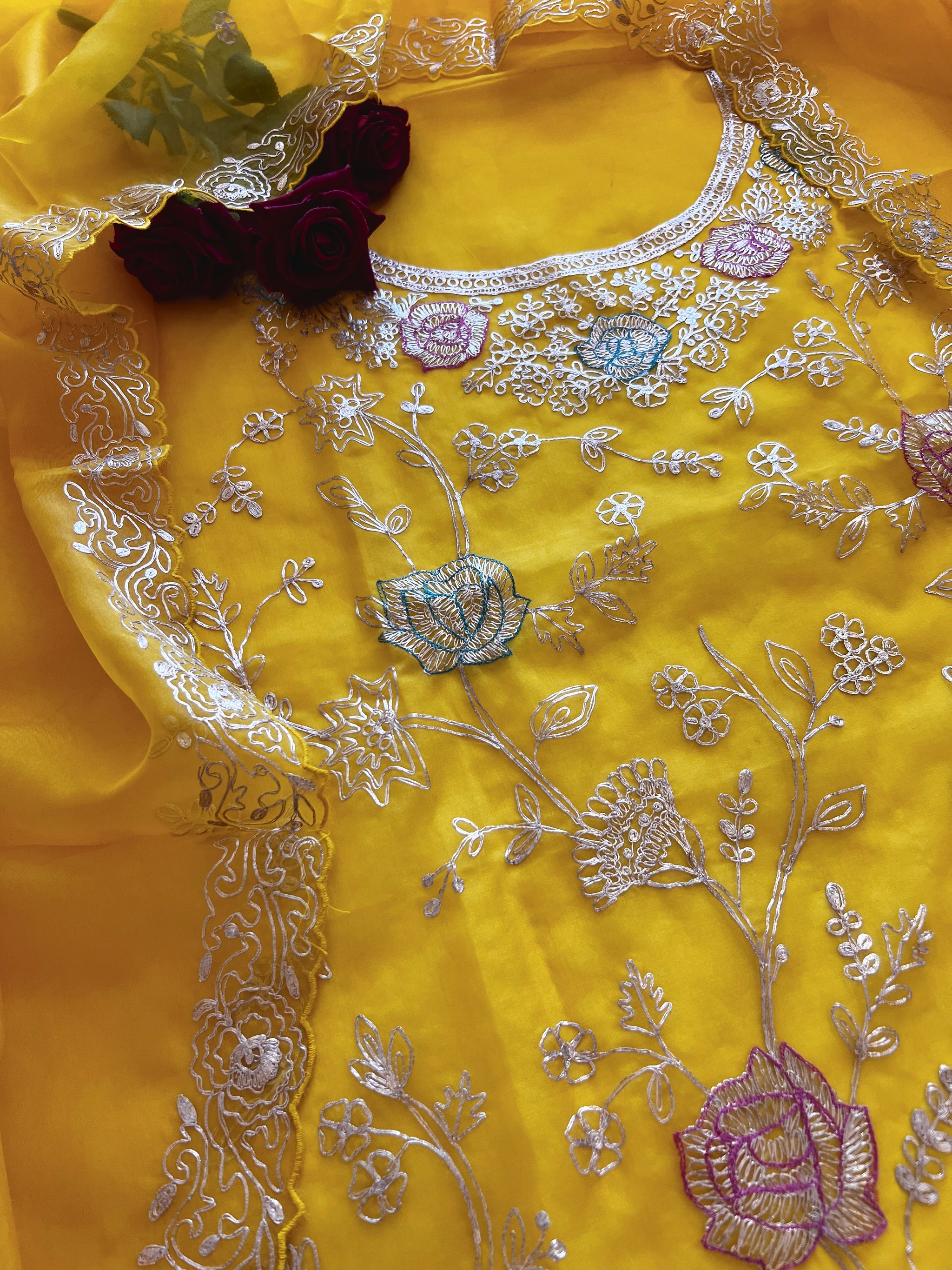 Pure Silk Organza Full embroidered premium unstitched suit in yellow
