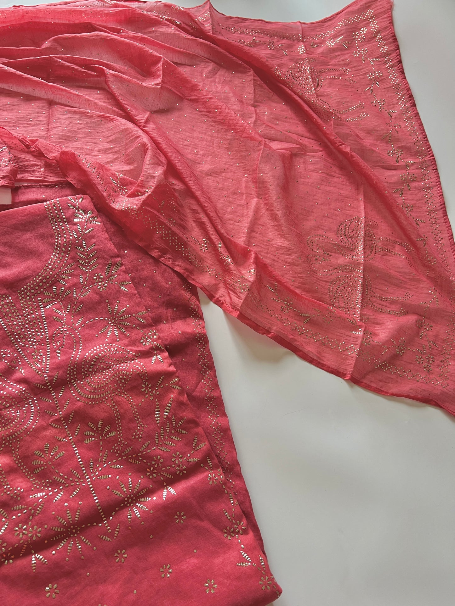 Mul Chanderi dress material with mukaish -Flamingo